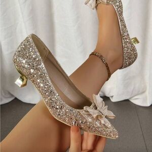 SHEIN Glitter Gold Heels with Bow Accent